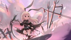Rule 34 | 1girl, animal ears, armor, black eyes, black footwear, black skirt, blonde hair, boots, cape, closed mouth, dust, evening, final fantasy, final fantasy xiv, floating cape, floating hair, full body, ghost, grey cape, hand up, highres, holding, holding scythe, holding weapon, lalafell, long hair, looking to the side, miniskirt, no pupils, outdoors, pleated skirt, pointy ears, polearm, scythe, shelldy, skirt, smile, standing, straight hair, swept bangs, trident, v-shaped eyebrows, walking, weapon