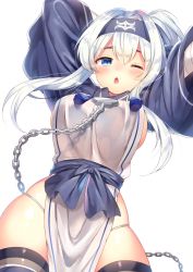 Rule 34 | 10s, 1girl, ainu, ainu clothes, blue eyes, blush, breasts, chain, cropped jacket, folded ponytail, hair between eyes, highres, kamoi (kancolle), kantai collection, large breasts, long hair, ntk (7t5), one eye closed, open mouth, sidelocks, simple background, solo, white background, white hair