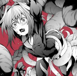 Rule 34 | 1boy, ass, astolfo (fate), blush, braid, daiji pt, fang, fate/apocrypha, fate/grand order, fate (series), hair ribbon, long hair, looking at viewer, male focus, monochrome, open mouth, rape, ribbon, single braid, solo, tears, tentacles, tentacles on male, tentacles under clothes, thighhighs, trap