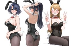 Rule 34 | 1girl, ^ ^, absurdres, adjusting hair, ahoge, animal ears, antenna hair, armpits, arms up, ass, backless outfit, bare shoulders, black leotard, black pantyhose, blonde hair, blue hair, blunt bangs, blush, blush stickers, bow, bowtie, breasts, cleavage, closed eyes, collarbone, commentary request, covered navel, cowboy shot, dark blue hair, detached collar, double v, ear blush, embarrassed, fake animal ears, fake tail, from behind, full-face blush, green eyes, happy, highres, idolmaster, idolmaster million live!, large breasts, leotard, light brown hair, long hair, looking at viewer, looking back, looking to the side, median furrow, medium breasts, mogami shizuka, mouth hold, nape, no bra, off shoulder, pantyhose, pdal (pdalhhh), playboy bunny, ponytail, profile, rabbit ears, rabbit tail, red bow, rubber band, short hair, sideboob, sidelocks, simple background, sitting, strapless, strapless leotard, sweat, sweatdrop, tail, tokoro megumi, toyokawa fuka, tying hair, upper body, v, very long hair, wavy hair, white background, wrist cuffs
