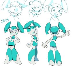 Rule 34 | 1girl, android, annoyed, blush, breasts, character name, character sheet, highres, jenny wakeman, leaning forward, medium breasts, middle finger, multiple views, my life as a teenage robot, open hand, open mouth, shadow, twintails, v-shaped eyebrows, white background, wide hips, yen0028