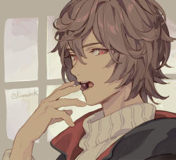 Rule 34 | 1boy, artist name, biting, brown hair, chocolate, cropped shirt, expressionless, food, granblue fantasy, hair between eyes, hand up, holding, holding chocolate, holding food, looking at viewer, male focus, messy hair, open mouth, portrait, pota (bluegutty), red eyes, sandalphon (granblue fantasy), sandalphon (valentine) (granblue fantasy), short hair, signature, solo, sweater, turtleneck, twitter username, white sweater, window