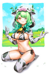 Rule 34 | 1girl, ;), absurdres, animal print, antlers, bell, bikini, blush, breasts, capelet, ceres fauna, closed mouth, cow hood, cow print, cow print bikini, cowbell, earrings, elbow gloves, full body, gloves, gooster, gradient hair, green hair, highres, hololive, hololive english, hood, hooded capelet, horns, jewelry, looking at viewer, medium breasts, mole, mole under eye, multicolored hair, navel, neck bell, one eye closed, petals, print bikini, print capelet, print gloves, print towel, side-tie bikini bottom, sitting, smile, solo, stomach, string bikini, swimsuit, towel, virtual youtuber, yellow eyes