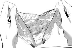Rule 34 | greyscale, hiiragi yuuichi, holding, holding clothes, holding underwear, monochrome, panties, tagme, underwear