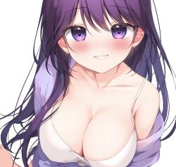 Rule 34 | 1girl, bare shoulders, barefoot, blush, breasts, cleavage, collarbone, commentary request, dress, full body, hair between eyes, jacket, large breasts, long hair, looking at viewer, miyasaka naco, off shoulder, open clothes, open jacket, original, purple eyes, purple hair, purple jacket, simple background, sleeveless, sleeveless dress, smile, solo, very long hair, white background, white dress
