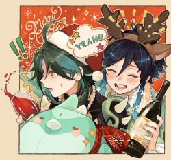 Rule 34 | !, !!, 2boys, :d, ^^^, ^ ^, absurdres, ahoge, alcohol, animal ears, antlers, aqua hair, arm tattoo, artist name, bead necklace, beads, black hair, border, bottle, braid, brown border, brown hairband, capelet, christmas, closed eyes, commentary request, cup, deer ears, drinking glass, fake animal ears, fake antlers, forehead, fur-trimmed headwear, fur trim, genshin impact, gradient hair, green capelet, green hair, hair between eyes, hairband, hat, highres, holding, holding bottle, holding cup, horns, jewelry, laughing, looking to the side, male focus, medium hair, merry christmas, misoshiru umai4, multicolored hair, multiple boys, necklace, open mouth, outside border, parted bangs, pom pom (clothes), red background, red headwear, red ribbon, red wine, reindeer antlers, ribbon, santa hat, shirt, shoulder spikes, side braids, sidelocks, simple background, smile, sparkle, speech bubble, spikes, spilling, star (symbol), streaked hair, striped background, sweatdrop, tattoo, teeth, tongue, twin braids, twitter username, upper body, venti (genshin impact), watermark, white shirt, wide-eyed, wine, wine bottle, wine glass, xiao (bird) (genshin impact), xiao (genshin impact), yellow eyes