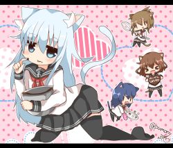 Rule 34 | &gt; &lt;, 10s, 4girls, akatsuki (kancolle), animal ears, black eyes, black legwear, blue hair, brown hair, candy, cat ears, cat tail, chibi, chocolate, chocolate heart, closed eyes, commentary request, folded ponytail, food, food on face, gloves, heart, hibiki (kancolle), ikazuchi (kancolle), inazuma (kancolle), kantai collection, letterboxed, long hair, long sleeves, mittens, multiple girls, neckerchief, no shoes, open mouth, pink background, plate, pleated skirt, pumo (kapuchiya), school uniform, serafuku, short hair, simple background, skirt, solid oval eyes, tail, tasting, thighhighs, twitter username, valentine, whisk, wrist cuffs