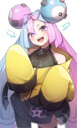 Rule 34 | 1girl, bow-shaped hair, character hair ornament, creatures (company), game freak, hair ornament, hexagon print, highres, iono (pokemon), jacket, long hair, low-tied long hair, multicolored hair, nintendo, oversized clothes, pink eyes, pink hair, pokemon, pokemon sv, sharp teeth, skoll world, sleeves past fingers, sleeves past wrists, solo, teeth, twintails, two-tone hair, very long hair, x, yellow jacket
