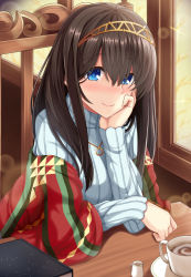 Rule 34 | 1girl, blue sweater, blush, book, brown hair, chair, closed mouth, coffee, coffee cup, cup, disposable cup, hair between eyes, hairband, hand on own cheek, hand on own face, idolmaster, idolmaster cinderella girls, indoors, jewelry, lens flare, long hair, long sleeves, looking at viewer, necklace, nose blush, oga raito, pendant, pot, sagisawa fumika, saucer, shawl, sitting, smile, solo, sweater, table, upper body, window