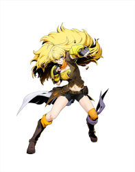 Rule 34 | 1girl, ahoge, asymmetrical legwear, blazblue, blazblue: cross tag battle, blonde hair, boots, breasts, bullets, cleavage, ember celica (rwby), fingerless gloves, full body, gauntlets, gloves, incoming attack, incoming punch, large breasts, midriff, mismatched legwear, official art, orange legwear, punching, purple eyes, rwby, shotgun shell, simple background, solo, white background, yang xiao long