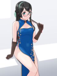 Rule 34 | 1girl, alternate costume, alternate hairstyle, black gloves, black hair, blue dress, breasts, china dress, chinese clothes, cleavage cutout, clothing cutout, dress, feet out of frame, folded fan, folding fan, geometrie, glasses, gloves, green eyes, hairband, half updo, hand fan, highres, kantai collection, long hair, ooyodo (kancolle), semi-rimless eyewear, side slit, sitting, small breasts, solo, under-rim eyewear