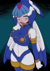 Rule 34 | 1girl, absurdres, android, armor, blue armor, blue background, blue eyes, blue footwear, blue helmet, blue sleeves, bodystocking, bodysuit, boots, breasts, buzzlyears, commentary, covered navel, crop top, crotch plate, detached sleeves, fairy leviathan (mega man), forehead jewel, helmet, highres, looking to the side, medium breasts, mega man (series), mega man zero (series), saliva, sharp teeth, solo, sweat, teeth, thigh boots, tongue, tongue out, upper body, vest, white bodysuit