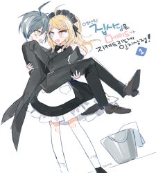 Rule 34 | 1boy, 1girl, ahoge, akamatsu kaede, alternate costume, ankle socks, apron, arm around neck, artist name, bad id, bad twitter id, bare legs, black bow, black bowtie, black dress, black footwear, black headdress, black jacket, black pants, black ribbon, black sleeves, black suit, blonde hair, blue hair, bow, bowtie, brown footwear, bucket, carrying, collar, commentary request, cross-laced footwear, dalrye v3, danganronpa (series), danganronpa v3: killing harmony, detached collar, dress, enmaided, eyelashes, foot out of frame, formal, fortissimo, frilled dress, frills, hair between eyes, hair ornament, hair ribbon, hand on another&#039;s back, hand on another&#039;s leg, hand on another&#039;s shoulder, jacket, knees, korean commentary, korean text, light blush, long hair, looking at another, maid, maid headdress, musical note, musical note hair ornament, open mouth, pants, pink eyes, pinstripe jacket, pinstripe pattern, pocket, princess carry, puffy short sleeves, puffy sleeves, rag, ribbon, saihara shuichi, shoes, short dress, short hair, short sleeves, simple background, smile, socks, standing, suit, sweatdrop, translation request, vertical-striped sleeves, waist apron, white apron, white background, white collar, white socks, yellow eyes