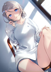 Rule 34 | 1girl, :o, absurdres, black shorts, blue eyes, chair, commentary request, dutch angle, grey hair, hand on own knee, highres, knee up, lens flare, long sleeves, looking at viewer, love live!, love live! sunshine!!, playing with own hair, shirt, short hair, short shorts, shorts, sitting, solo, watanabe you, white shirt, window, yamaori (yamaorimon)