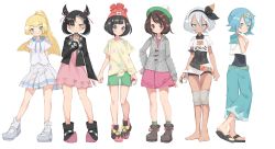 Rule 34 | 6+girls, absurdres, arms behind back, asymmetrical bangs, barefoot, bea (pokemon), black bodysuit, black choker, black footwear, black hair, black hairband, black jacket, blouse, blue eyes, blue footwear, blue hair, blue pants, blunt bangs, blunt ends, blush, bodysuit, bodysuit under clothes, brown eyes, brown hair, cardigan, choker, closed mouth, covered navel, creatures (company), cross-laced footwear, dark-skinned female, dark skin, dress, earrings, frown, game freak, gloria (pokemon), green eyes, green hair, green shorts, green sweater, grey hair, gym leader, hair ribbon, hairband, hand on own chest, hand on own hip, hat, highres, holding, holding poke ball, jacket, jewelry, knee pads, lana (pokemon), lillie (pokemon), looking at viewer, marnie (pokemon), mary janes, miniskirt, multiple girls, nintendo, official alternate costume, open clothes, open jacket, pants, pendant, pink dress, pink headwear, pleated skirt, pointy footwear, poke ball, poke ball (basic), poke ball symbol, pokemon, pokemon sm, pokemon swsh, ponytail, print shirt, print shorts, puffy short sleeves, puffy sleeves, red ribbon, ribbon, sailor collar, sandals, selene (pokemon), shirt, shoes, short dress, short sleeves, shorts, side-by-side, simple background, single horizontal stripe, skirt, smile, socks, standing, sukeo (nunswa08), sweater, swept bangs, tam o&#039; shanter, tied shirt, twintails, ultra ball, undercut, white background, white legwear, white shirt, white skirt, yellow shirt