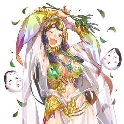 Rule 34 | 1girl, ;d, ame no uzume (uchi no hime-sam), armpits, arms up, bikini, blush stickers, branch, breasts, cleavage, cowboy shot, disembodied head, green bikini, hair over shoulder, hair rings, hair tubes, head tilt, holding, jewelry, large breasts, leaf, long hair, navel, neck ring, necklace, noh mask, official art, one eye closed, open mouth, robe, see-through, sidelocks, smile, solo, standing, sweat, swimsuit, transparent background, uchi no hime-sama ga ichiban kawaii, very long hair, white robe, wide hips