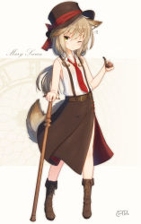 Rule 34 | 1girl, ;&lt;, animal ear fluff, animal ears, bare arms, bare shoulders, belt, belt buckle, black hat, black skirt, blouse, blush, boots, bow, brown background, brown belt, brown footwear, brown hair, buckle, cane, character name, closed mouth, collarbone, collared shirt, coreytaiyo, cross-laced footwear, dated, dog ears, dog girl, dog tail, flying sweatdrops, full body, hair between eyes, hat, hat bow, highres, holding, holding smoking pipe, lace-up boots, long hair, looking at viewer, low ponytail, mary swan (coreytaiyo), necktie, one eye closed, original, ponytail, red bow, red necktie, shirt, signature, skirt, sleeveless, sleeveless shirt, smoking pipe, solo, standing, suspender skirt, suspenders, sweat, tail, very long hair, white shirt, yellow eyes