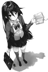 Rule 34 | 1girl, bag, blazer, book, bow, bowtie, charm (object), collared shirt, cross, cross hair ornament, foreshortening, from above, full body, greyscale, hair ornament, highres, holding, holding book, hoshino (illyasviel), jacket, loafers, long hair, looking at viewer, looking up, monochrome, original, parted lips, school bag, school uniform, shadow, shirt, shoes, skirt, solo, standing, thighhighs, white background