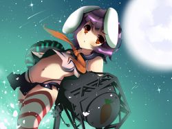 Rule 34 | 1girl, animal ears, black hair, blizzomos, blush, cosplay, crossover, dutch angle, full moon, gradient background, highleg, highleg panties, highres, inaba tewi, kantai collection, looking at viewer, midriff, miniskirt, moon, navel, open mouth, panties, rabbit ears, red eyes, sailor collar, shimakaze (kancolle), shimakaze (kancolle) (cosplay), shirt, short hair, skirt, sleeveless, solo, sparkle, striped clothes, striped thighhighs, thighhighs, thong, touhou, underwear, upskirt, zettai ryouiki