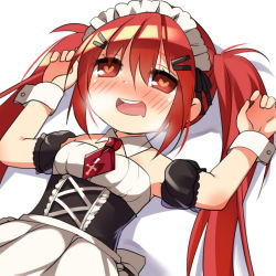 Rule 34 | 1girl, bad id, bad pixiv id, bare shoulders, blush, breath, drooling, heart, heart-shaped pupils, lying, maid, maid headdress, mvv, necktie, on back, original, red eyes, red hair, red necktie, solo, symbol-shaped pupils, twintails, vivian (mvv), wrist cuffs