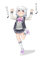 Rule 34 | black skirt, blazer, blush, bow, bowtie, cevio, collared shirt, dancing, double bun, full body, grey hair, grey sweater, hair bun, hair ornament, hairclip, hands up, highres, jacket, kneehighs, koharu rikka, long sleeves, looking up, miniskirt, music, nankawa rota, open clothes, open jacket, open mouth, pink bow, pink bowtie, pink footwear, purple eyes, ribbed socks, shirt, shoes, simple background, singing, skirt, smile, sneakers, socks, standing, standing on one leg, sweater, synthesizer v, translated, white background, white socks