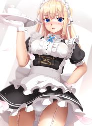 Rule 34 | 1girl, apron, black dress, blonde hair, blue eyes, blurry, blush, bow, breasts, cowboy shot, crotch seam, cup, depth of field, dress, dutch angle, eto, female focus, frilled apron, frilled dress, frills, garter straps, gloves, gluteal fold, hand on own hip, hand up, head tilt, highres, holding, holding tray, looking at viewer, maid, maid headdress, medium breasts, nose blush, open mouth, original, panties, pantyshot, petals, puffy short sleeves, puffy sleeves, short sleeves, sidelocks, solo, standing, sweatdrop, thigh gap, tray, two side up, underwear, white panties
