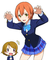 Rule 34 | 10s, 2girls, :d, blazer, blush stickers, brown hair, checkered clothes, checkered skirt, claw pose, gon (gontarou), green eyes, hoshizora rin, jacket, koizumi hanayo, looking at viewer, love live!, love live! school idol project, multiple girls, open mouth, orange hair, pink eyes, plaid, plaid skirt, pleated skirt, school uniform, short hair, simple background, skirt, smile, white background