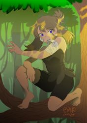 Rule 34 | 1girl, alternate costume, artist name, bandages, bare shoulders, barefoot, bike shorts, black shorts, black toenail polish, blue eyes, breasts, brown hair, child, creatures (company), fang, feet, female focus, game freak, green shirt, highres, injury, jungle, kneeling, leaves, looking at viewer, may (pokemon), messy hair, nail polish, nature, nintendo, outdoors, plant, pokemon, pokemon adventures, scratches, shirt, short hair, short ponytail, short shorts, shorts, sleeveless, sleeveless shirt, small breasts, soles, solo, tiptoes, toenail polish, toenails, toes, tree, vines, wrapping