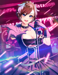 Rule 34 | 1girl, anniversary, belt, blue crystal (module), blue eyes, blush, brown hair, choker, crown, feather hair ornament, feathers, gloves, hair ornament, happy, highres, looking at viewer, meiko (vocaloid), microphone, music, nhrg806, nostalogic (vocaloid), project diva (series), short hair, singing, skirt, solo, vocaloid