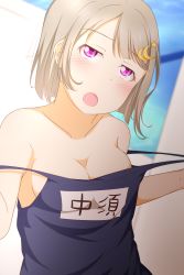 Rule 34 | 1girl, bare shoulders, blue one-piece swimsuit, blush, breasts, brown hair, cleavage, close-up, clothes pull, collarbone, competition swimsuit, crescent, crescent hair ornament, feitonokesin, female focus, grey hair, hair ornament, highres, light brown hair, looking at viewer, love live!, love live! nijigasaki high school idol club, medium breasts, nakasu kasumi, one-piece swimsuit, one-piece swimsuit pull, open mouth, parted lips, pink eyes, purple eyes, short hair, small breasts, smile, solo, swimsuit