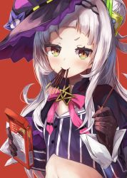 Rule 34 | 1girl, blunt bangs, capelet, commentary request, crop top, food, food in mouth, gloves, hair bun, hair ornament, hat, highres, hololive, konkito, long hair, murasaki shion, murasaki shion (1st costume), pinstripe pattern, pinstripe shirt, pocky, pocky day, red background, shirt, silver hair, simple background, single hair bun, single side bun, solo, star (symbol), striped clothes, striped shirt, v-shaped eyebrows, vertical-striped clothes, vertical-striped shirt, virtual youtuber, witch hat, yellow eyes