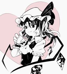 Rule 34 | 1girl, closed mouth, commentary, cropped torso, crystal, flandre scarlet, greyscale, greyscale with colored background, hanokami, hat, hat ribbon, heart, high contrast, highres, looking at viewer, medium hair, mob cap, monochrome, one side up, ribbon, solo, touhou, wings, wrist cuffs