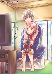 Rule 34 | 1boy, 1girl, barefoot, bekkourico, blue jacket, blue pants, blush, controller, couple, game controller, hair between eyes, holding, holding controller, holding game controller, indian style, indoors, jacket, kakumeiki valvrave, l-elf, lieselotte w. dorssia, long sleeves, pants, parted bangs, parted lips, pink hair, playing, purple eyes, red eyes, red jacket, silver hair, sitting, track jacket, track pants, twintails