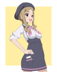 Rule 34 | 1girl, blush, breasts, brown hair, fang, female focus, hand on own hip, hat, highres, long hair, looking at viewer, medium breasts, onozuka hikari, open mouth, paka , pen, simple background, solo, standing, yama no susume