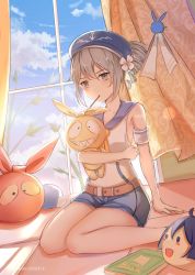 Rule 34 | 1girl, 2819726927, bare shoulders, beret, blue hat, blue shorts, blue sky, book, bronya zaychik, bronya zaychik (valkyrie chariot), cloud, cloudy sky, curtains, doll, drill hair, eating, flower, food, food in mouth, grey eyes, grey hair, hair flower, hair ornament, hat, highres, holding, homu (honkai impact), honkai (series), honkai impact 3rd, hugging doll, hugging object, indoors, looking at viewer, pocky, seele vollerei, shorts, sitting, sky, sleeveless, solo, stuffed toy, summer uniform, wariza, window