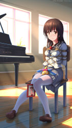 Rule 34 | 1girl, arms behind back, ball gag, bdsm, bondage, bound, breasts, brown eyes, brown hair, chair, drawing (object), full body, gag, gag around neck, grand piano, highres, himitsu (hi mi tsu 2), instrument, knees together feet apart, long hair, looking at viewer, meme, one finger selfie challenge (meme), original, piano, picture frame, rope, shibari, shibari over clothes, sitting, small breasts, solo, stuffed animal, stuffed shark, stuffed toy, unworn gag, wiffle gag