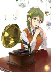 Rule 34 | 1girl, :o, acronym, alternate hairstyle, bespectacled, braid, chikurin (sasamori tomoe), english text, flower, glasses, green eyes, green hair, hair ornament, hair over shoulder, hairclip, kunreishiki, matching hair/eyes, necktie, open mouth, original, own hands clasped, own hands together, phonograph, record, romaji text, sasamori tomoe, solo, sweater vest, table, twin braids, white background, wooden table