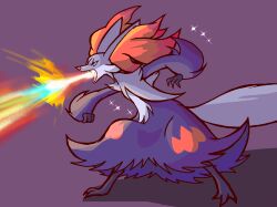 Rule 34 | 1boy, 2023, alternate color, animal ear fluff, breath weapon, breathing fire, commentary, creatures (company), delphox, fangs, fire, fox, full body, furry, furry male, game freak, gd-058, gen 6 pokemon, grey fur, highres, male focus, nintendo, no humans, open mouth, pokemon, pokemon (creature), purple background, red eyes, shadow, shiny pokemon, simple background, sparkle, standing