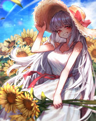 Rule 34 | 1girl, absurdres, blue sky, blush, bow, breasts, cleavage, cloud, day, dress, flower, gilmang, grey hair, hat, hat bow, highres, holding, holding flower, lens flare, long hair, outdoors, red bow, red eyes, sky, standing, straw hat, sun hat, sunflower, very long hair, white dress