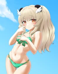 Rule 34 | absurdres, amatsuna sasaha, animal ears, bikini, blush, breasts, briareos, brown eyes, brown hair, check commentary, cleavage, closed mouth, cloud, collarbone, commentary request, hair between eyes, hair ornament, highres, indie virtual youtuber, long hair, looking at viewer, navel, sky, small breasts, smile, solo, swimsuit, virtual youtuber, winged hair ornament