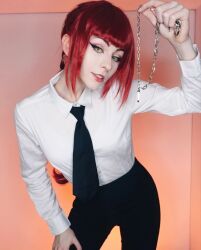 Rule 34 | 1girl, artist request, black necktie, chainsaw man, cosplay, highres, leash, long hair, looking at viewer, makima (chainsaw man), mature female, necktie, nozzomi cosplay, photo (medium), real life, red hair, sexually suggestive, solo, yellow eyes