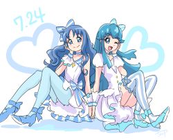 Rule 34 | 10s, 2girls, ;), blue eyes, blue hair, blue pantyhose, blue thighhighs, blush, chocokin, choker, dated, hand on own cheek, hand on own face, happinesscharge precure!, heartcatch precure!, high heels, holding hands, idol, kurumi erika, long hair, multiple girls, one eye closed, pantyhose, precure, shirayuki hime, simple background, sleeveless, smile, striped clothes, striped legwear, striped thighhighs, thighhighs, vertical-striped clothes, vertical-striped thighhighs, white background, wrist cuffs