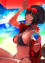 Rule 34 | 1girl, arc system works, bare shoulders, beach, bikini, black hair, bob cut, breasts, choker, cup, drink, eyewear on head, from side, glass, green eyes, guilty gear, highres, holding, holding cup, i-no, large breasts, mole, mole above mouth, mole under eye, nail polish, o-ring, o-ring bikini, ocean, red nails, sideboob, solo, sunglasses on head, swimsuit, umbrella, underboob, yuu (primenumber7)