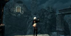 Rule 34 | 1girl, ass, highres, holding, holding sword, holding weapon, huge ass, katana, nier (series), nier:automata, outdoors, solo, sword, the elder scrolls, the elder scrolls v: skyrim, thong, weapon, 2b (nier:automata)