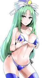 Rule 34 | 1girl, adapted costume, bare arms, bare shoulders, bikini, blue bikini, blue thighhighs, blush, breasts, cleavage, collarbone, cowboy shot, green eyes, green hair, halterneck, hat, highres, large breasts, long hair, looking at viewer, mima (touhou), navel, one-hour drawing challenge, parted bangs, parted lips, side-tie bikini bottom, solo, stomach, swimsuit, thighhighs, touhou, touhou (pc-98), very long hair, wizard hat, y2