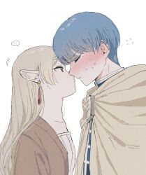 Rule 34 | ..., 1boy, 1girl, blonde hair, blue hair, blush, cloak, closed eyes, closed mouth, dabln hl, earrings, elf, expressionless, face-to-face, facing another, flying sweatdrops, frieren, from side, green eyes, hair down, hetero, highres, himmel (sousou no frieren), imminent kiss, jewelry, long hair, long pointy ears, looking at another, nervous, nose blush, pointy ears, profile, short hair, simple background, sousou no frieren, spoken ellipsis, upper body, white background