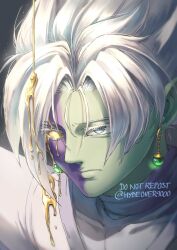 1boy absurdres closed_mouth colored_eyelashes colored_skin dipping dragon_ball dragon_ball_super earrings fused_zamasu green_skin grey_background grey_eyes grey_hair highres hydeover9000 jewelry light_particles looking_ahead male_focus multicolored_skin purple_skin short_hair solo twitter_username two-tone_skin white_hair yellow_eyes