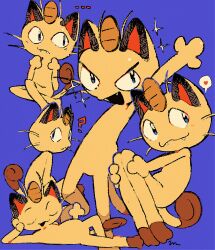 ... 0m8 ? blue_eyes brown_fur closed_eyes creatures_(company) game_freak gen_1_pokemon highres meowth multiple_views nintendo pokemon pokemon_(creature) purple_background signature simple_background sparkle tail