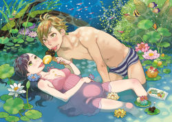 Rule 34 | 1boy, 1girl, afloat, bare shoulders, blonde hair, blush, breasts, bulge, collarbone, couple, dappled sunlight, dress, fish, flower, food, green eyes, ice cream, ice cream cone, leaning, licking, lily pad, lying, navel, nipples, on back, original, purple hair, shrimp, small breasts, sunlight, tongue, tongue out, uehasu (drill&#039;n girl), water, wrapper, yellow eyes