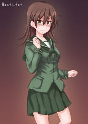 Rule 34 | 1girl, anti (untea9), breasts, brown background, brown eyes, brown hair, clenched hands, commentary request, cowboy shot, gradient background, green neckerchief, green serafuku, green skirt, hair between eyes, highres, kantai collection, long hair, looking at viewer, medium breasts, neckerchief, ooi (kancolle), pleated skirt, school uniform, serafuku, simple background, skirt, solo, twitter username